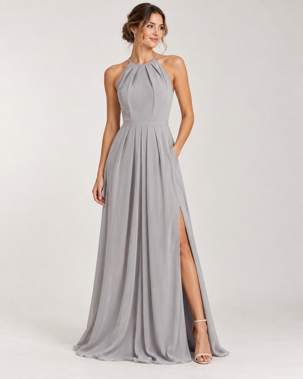 Weddingtown Way Isabelle Gray Halter Maxi Gown Dress Sz 4 Bridesmaid